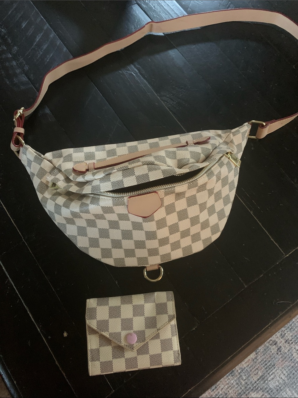 Designer-Inspired Checkered Crossbody Belt Bum Bag in White Grey & Tan wallet